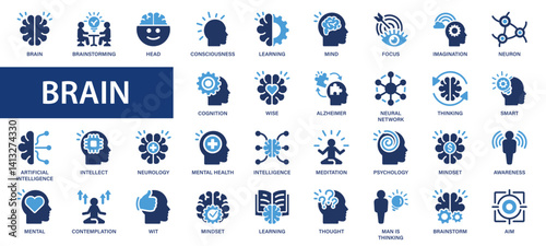 Brain flat icons set. Head, brainstorming, neuron, mindset, meditation, alzheimer, neurology, awareness, focus, wise, mind icons and more signs. Flat icon collection.