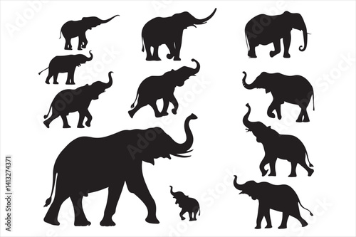 A collection of black elephant silhouette.