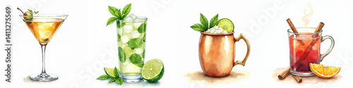 Watercolor illustration of classic cocktails: martini, mojito, Moscow mule, and mulled wine on white..