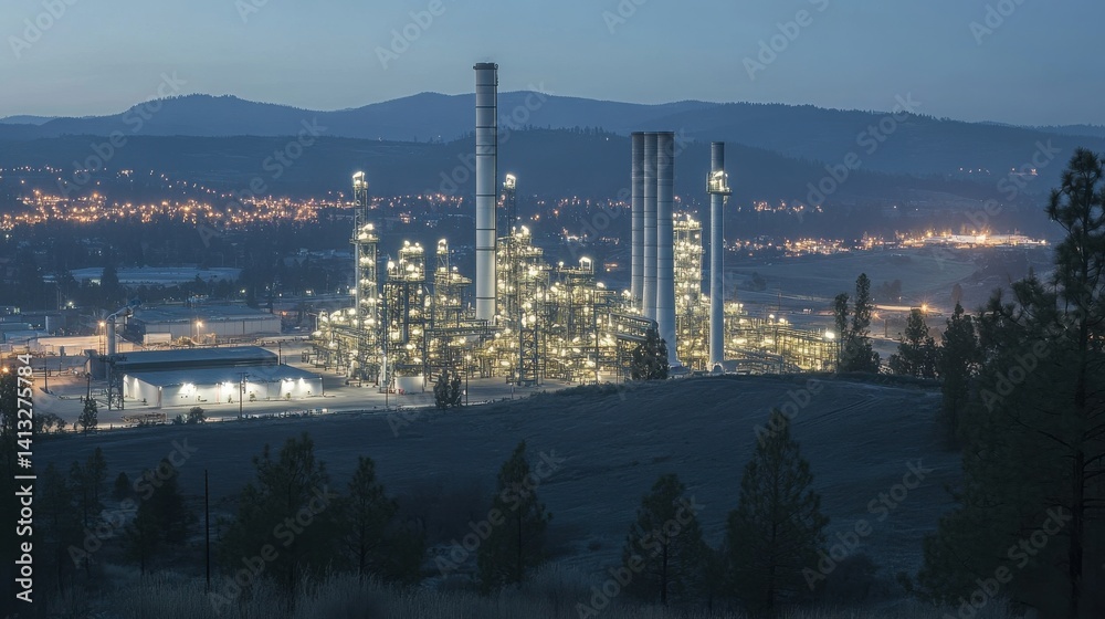Obraz premium Nighttime Industrial Plant with Bright Lights and Dark Mountains