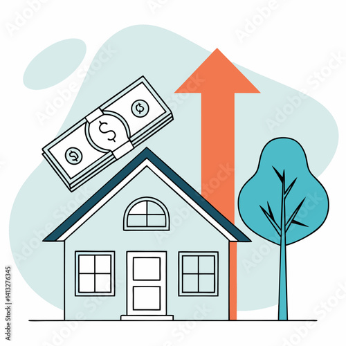 House with Upward Arrow and Money: Increasing Real Estate Value.