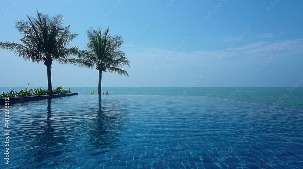 Fototapeta premium Tranquil infinity pool overlooking the ocean. Lush palm trees frame the scene