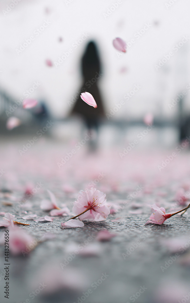 woman walking under cherry blossoms with falling petals and soft bokeh, romantic spring scene with silhouette and floral dress, shallow depth of field and cinematic pastel tones
