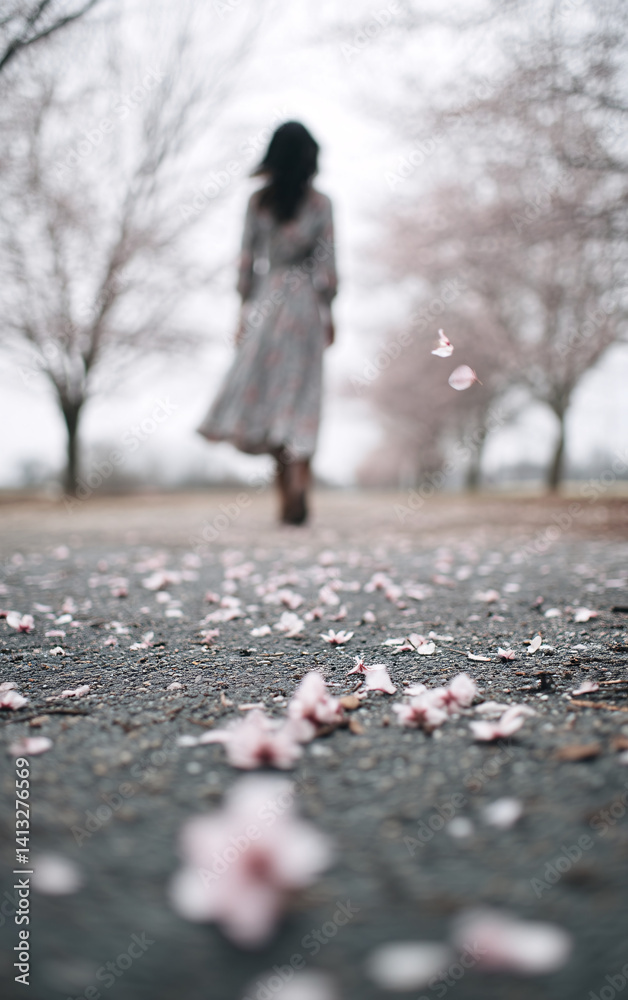 woman walking under cherry blossoms with falling petals and soft bokeh, romantic spring scene with silhouette and floral dress, shallow depth of field and cinematic pastel tones