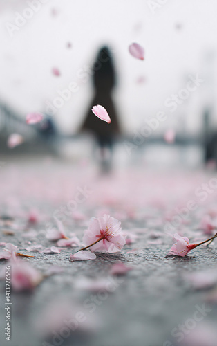 Obraz na płótnie woman walking under cherry blossoms with falling petals and soft bokeh, romantic spring scene with silhouette and floral dress, shallow depth of field and cinematic pastel tones
w salonie