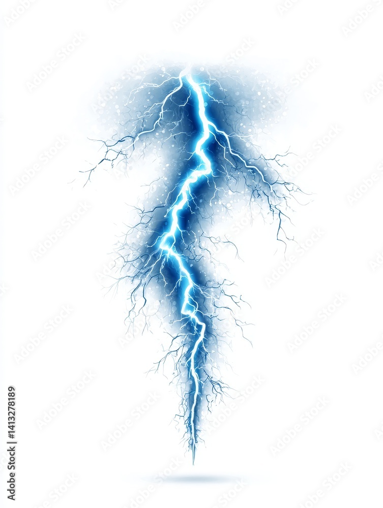 Fototapeta premium Blue Lightning Strike Thunder Clipart White Background - A vibrant blue lightning bolt, isolated on a white background. Symbolizing power, energy, storm, electricity, and nature's force