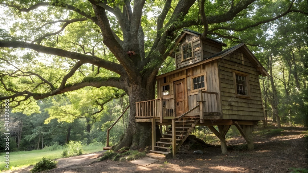 A peaceful tree house nestled in a dense bamboo forest, styled with Japanese Zen elements like paper lanterns, tatami flooring, and a koi pond below.
