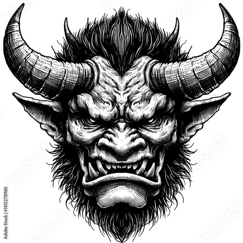 Mythical creature head illustration with menacing expression  