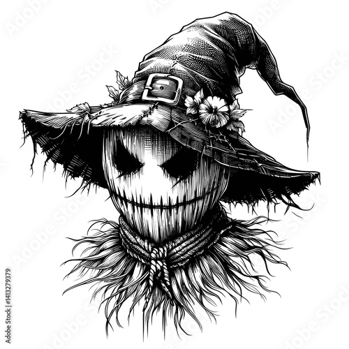 Scarecrow illustration wearing a hat with flowers in black and white  