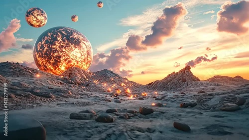 Surreal Planetary Landscape with Luminous Orbs and Mountainous Terrain Scenery