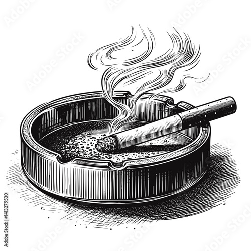Vintage cigarette resting in an ashtray with smoke rising  
