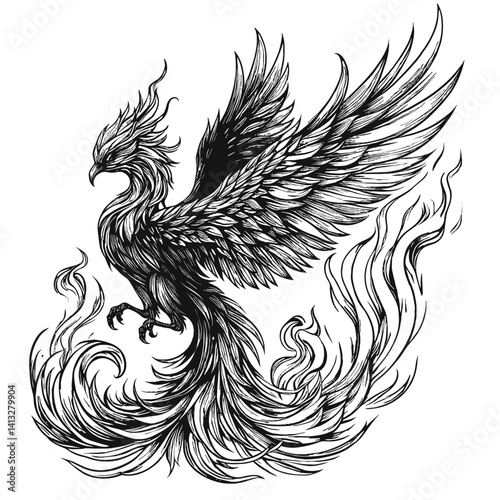 Mythical phoenix rising from flames in detailed black and white style  