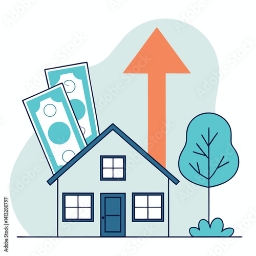 House with Upward Arrow and Money: Increasing Real Estate Value.