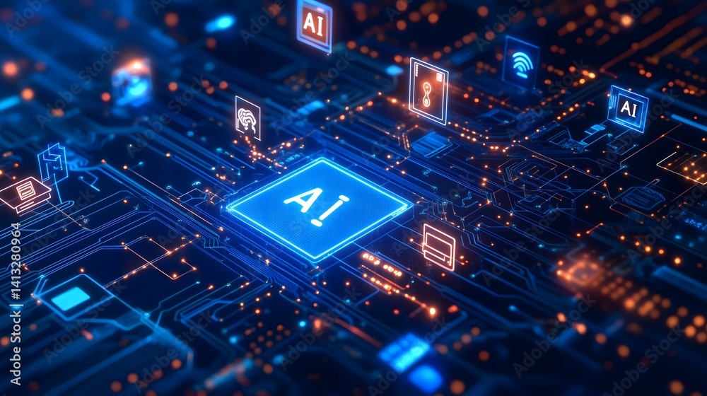 Big Data and Artificial Intelligence Network System Interface with Glowing Icons Big Data and Artificial Intelligence Network System Interface with Glowing Icons