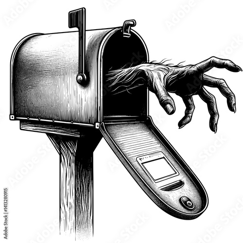 Haunted mailbox with a ghostly hand reaching out  