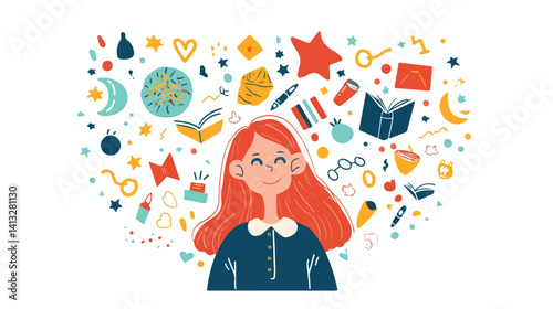 Schoolgirl Daydream: Whimsical Characters Dance Above a Happy Child fun art kid flat cute kids young
