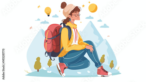 Daydreaming Girl: Whimsical Adventure, Flat Vector Illustration, Imaginative Journey, Girl Dreaming,