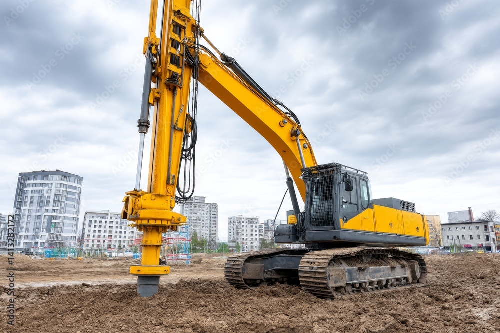 Excavator Drilling Foundation - Yellow excavator drilling into the ground at a construction site, with buildings in the background Excavator Drilling Foundation - Yellow excavator drilling into the ground at a construction site, with buildings in the background