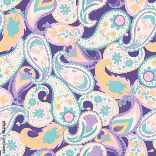 Novelty Pastel Paisleys in a Tight Scattered Non Directional Style on a Violet Purple background creating a seamless pattern print background