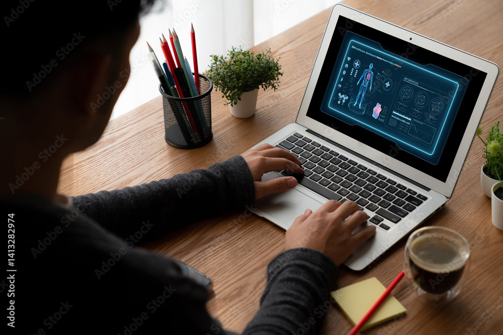 Medical science technology and futuristic healthcare virtual computer software analyze human health and diagnose disease for doctor data and medical research. brisk