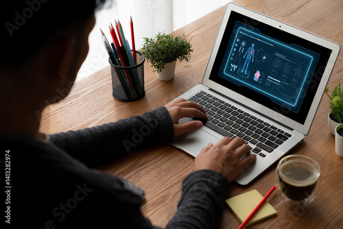 Medical science technology and futuristic healthcare virtual computer software analyze human health and diagnose disease for doctor data and medical research. brisk