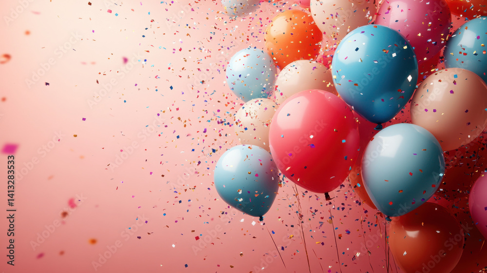 Colorful balloons and confetti float against a pink background, creating a festive and joyful celebration scene. Perfect for parties and special occasions. Colorful balloons and confetti float against a pink background, creating a festive and joyful celebration scene. Perfect for parties and special occasions.