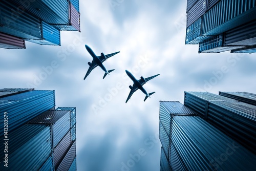 Global Air Freight and Cargo Transport - Two airplanes fly over a cityscape of stacked shipping containers, symbolizing international trade and air freight logistics photo