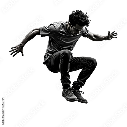Man silhouette dynamic jumping parkour urban background