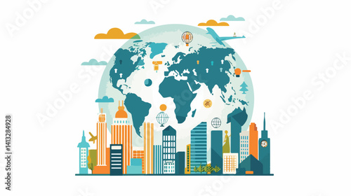 Global Network Connection: Flat Vector Illustration of Worldwide Business Success and Collaboration 