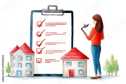 Home Checklist and Property Inspection - Woman reviewing a checklist next to illustrations of houses, signifying home inspection or property assessment