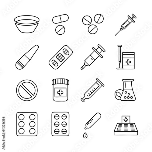 Medicine and Pharmacy Icon Pack – 16 Clean Line Style Pharmaceutical Vector Illustrations for Web, App, and Print Use