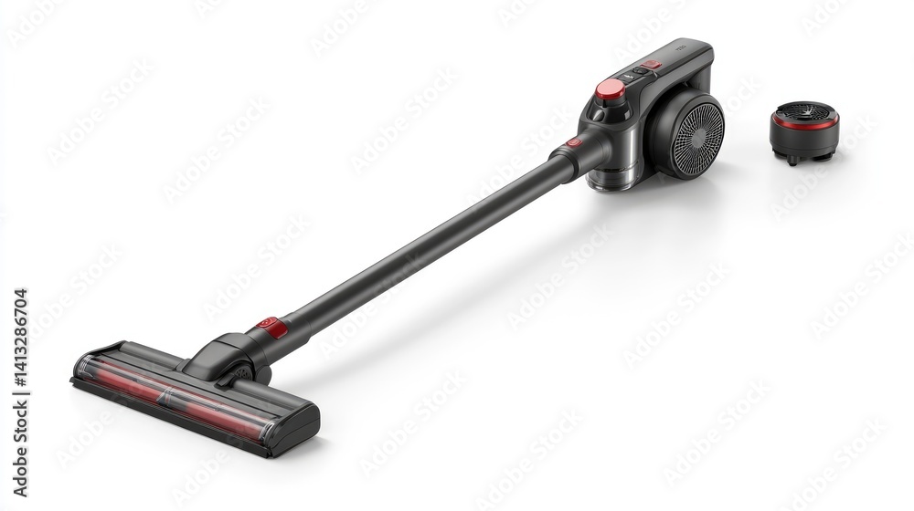Cordless stick vacuum with extended wand and motor head lying flat on white Cordless stick vacuum with extended wand and motor head lying flat on white
