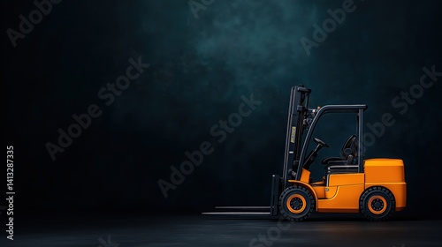 A forklift truck, orange and black, against a dark background.