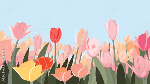 Colorful tulip field against blue sky flat vector illustration