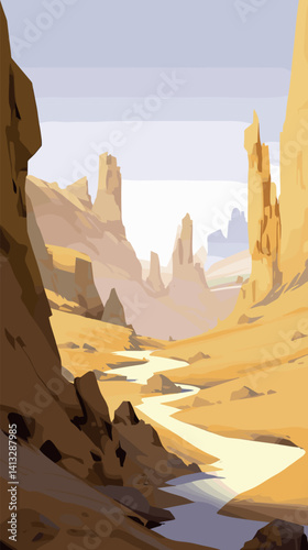 Vast desert canyon with rocky formations and bright sky in arid landscape flat vector illustration