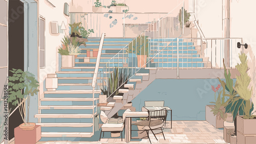 Minimalistic staircase patio with potted plants and outdoor seating flat vector illustration
