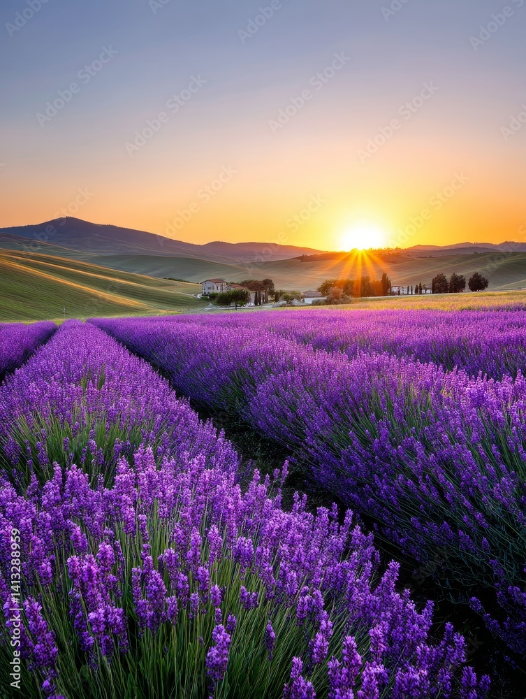 Naklejka premium Lavender Field Sunset Landscape - Serene sunset over a vast lavender field, rolling hills, and a distant farmhouse. Peaceful and idyllic countryside scene