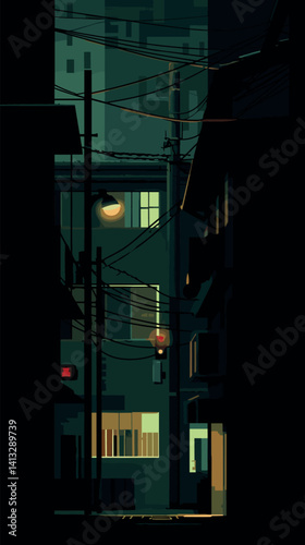 Urban alleyway at night with dim lights and overhead wires flat vector illustration