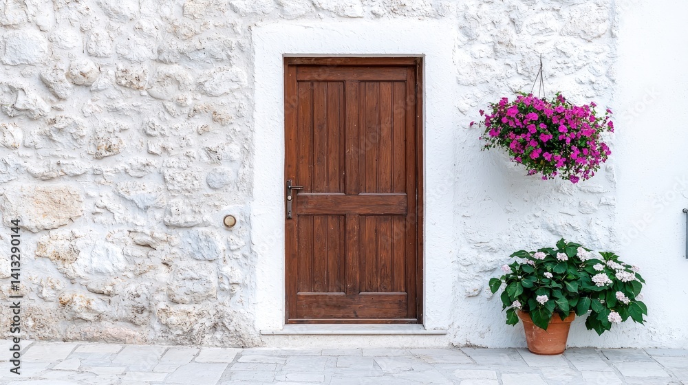 Rustic wooden door on stone wall with potted plants Rustic wooden door on stone wall with potted plants