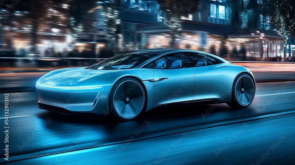 Fototapeta premium Silver car speeds along city street at night, motion blur with buildings backdrop