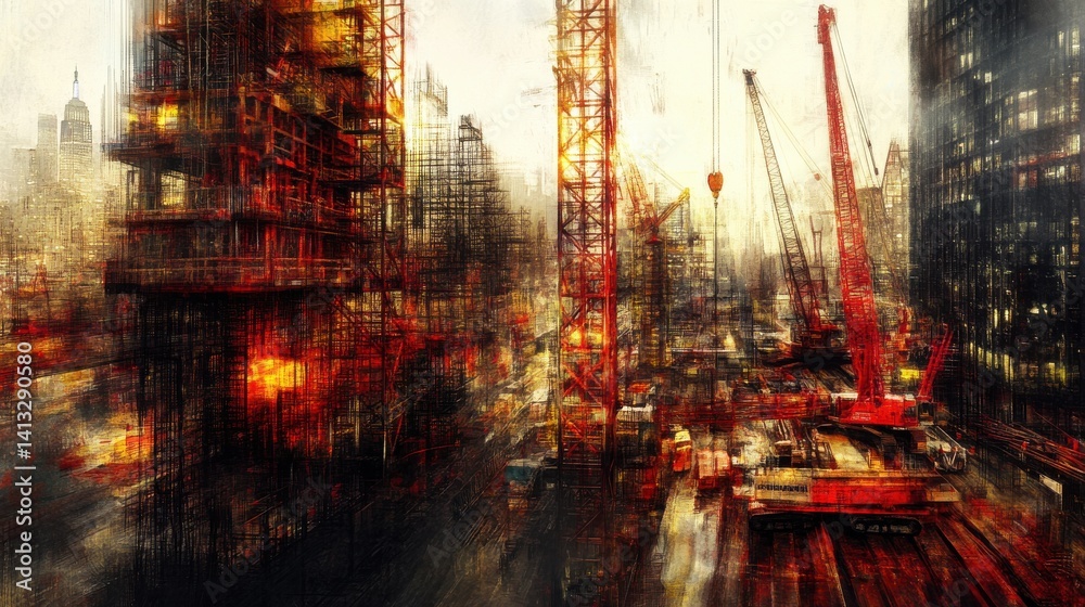 Fototapeta premium Urban Construction Site with Cranes and Steel Structures at Dusk
