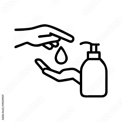 Minimalist black line icon of hand sanitizing with liquid soap or disinfectant from pump bottle, hygiene concept, isolated on white background