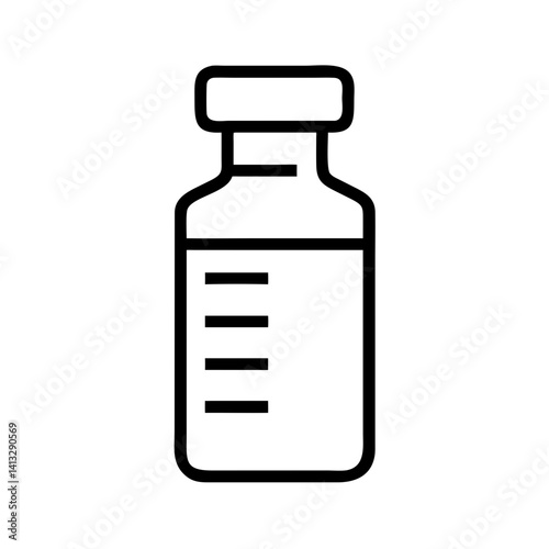 Minimalist black line icon of medical vial or vaccine bottle with measurement marks, vector illustration, isolated on white background