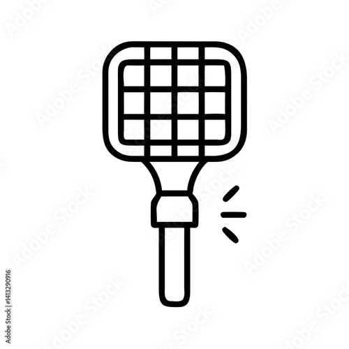 Minimalist black line icon of electric mosquito swatter or bug zapper racket, pest control device, vector illustration, isolated on white background