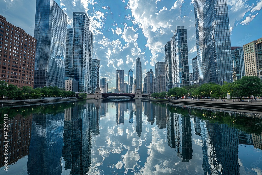 Fototapeta premium A towering cityscape where glass and steel met, reflecting the sky and clouds in a mesmerizing dance, a testament to human ingenuity.