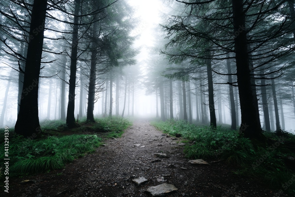 Obraz premium Misty Forest Path Through Ancient Woods - A mysterious path winds through a misty forest, symbolizing mystery, adventure, serenity, solitude, and the unknown