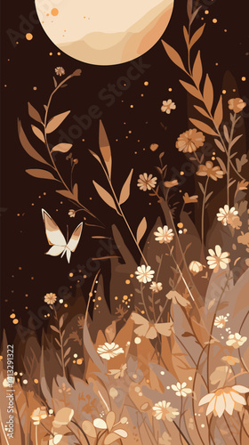Moonlit floral meadow with butterfly under night sky flat vector illustration