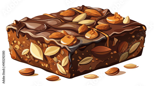 Chocolate brownie with sliced almond nuts toppings crumbs isolated on white background.
