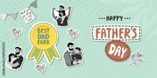 Father's Day banner with design elements and handwritten. Cartoon medal Best Dad Ever and grey colors vintage photos with daddy and child. Glitter hearts and garland with note. Vector illustration.