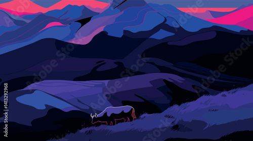Colorful abstract mountain landscape with grazing cow at dusk flat vector illustration